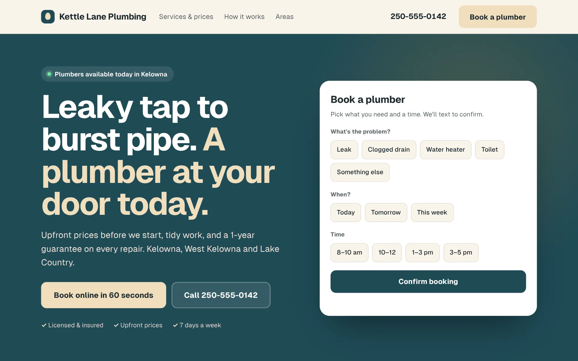 Preview of the demo site for Kettle Lane Plumbing, a fictional plumber